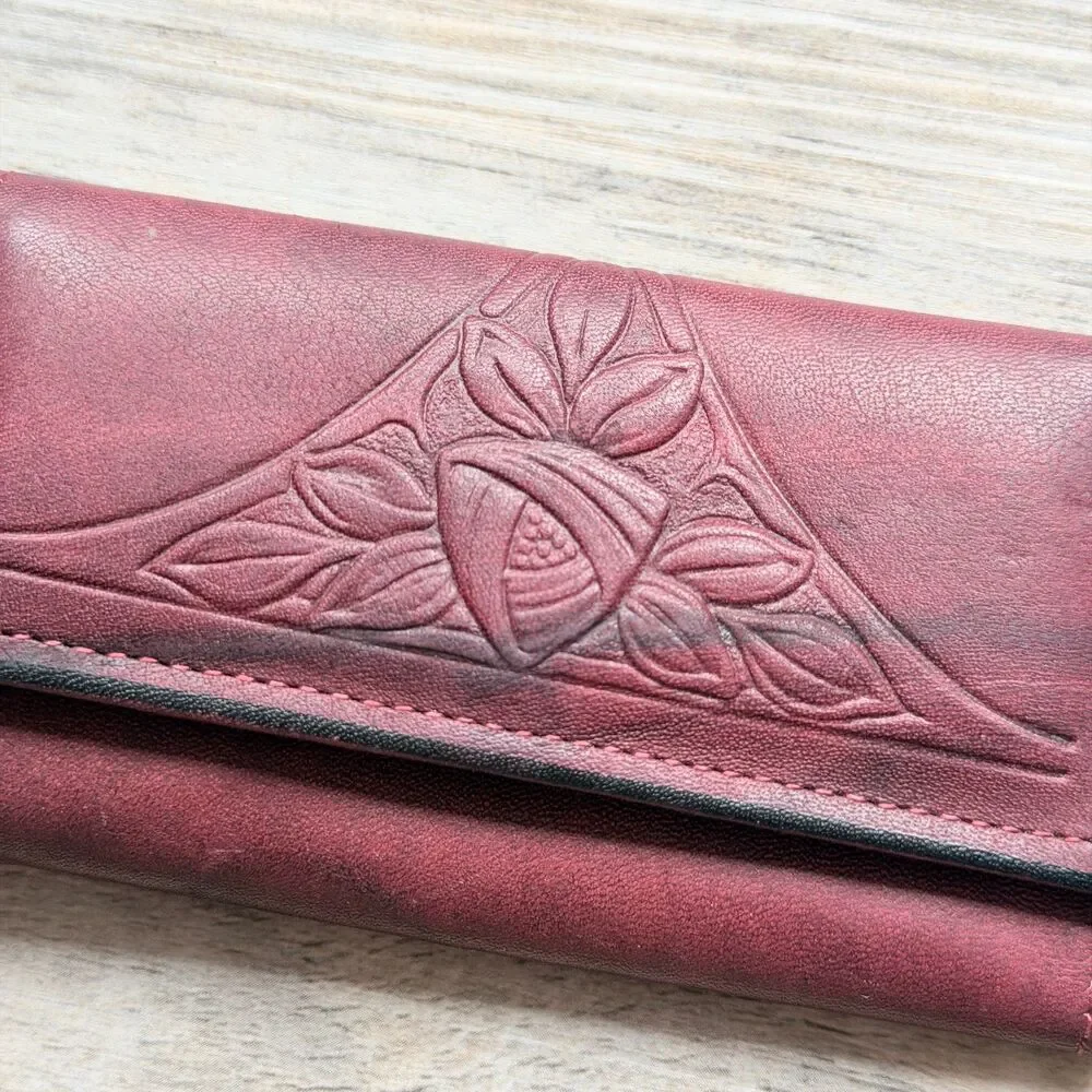 Vintage Rolfs Cowhide Genuine Leather Burgundy Key Holder Wallet Organize Floral